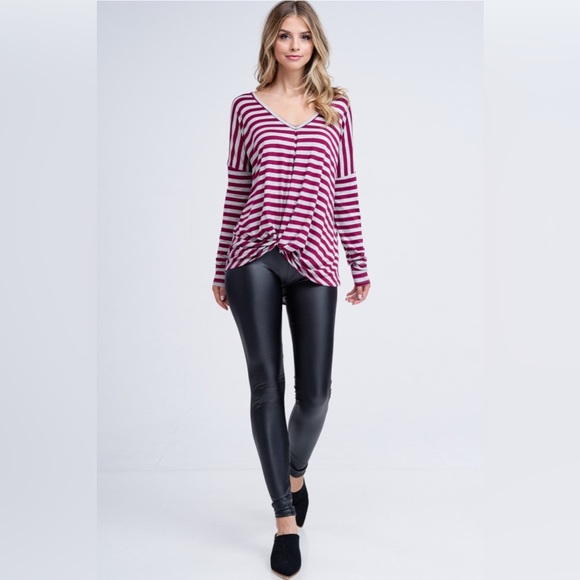 NWT White Birch Front Knotted Striped Long Sleeve Top, Burgundy/Gray - Picture 3 of 6